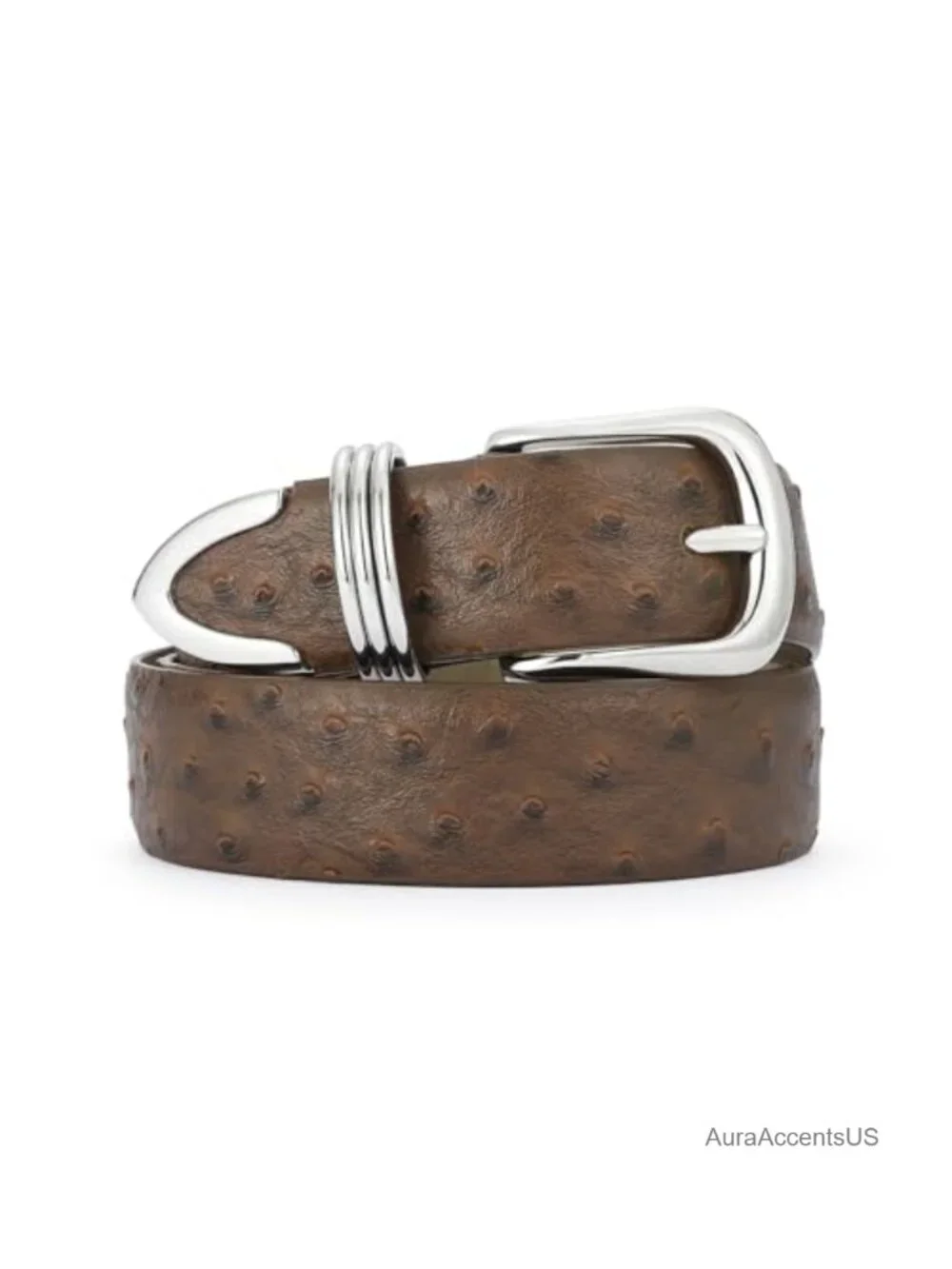 Women's Faux Leather Belt with Metal Buckle Ostrich Grain Style Waist Belt